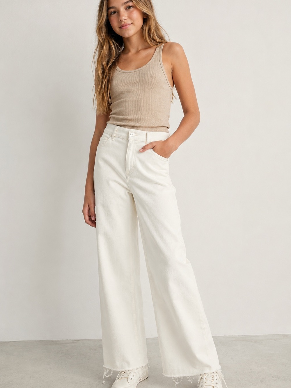 Zara Girls White Wide Leg Raw Hem Jeans | Size 13-14 (164 cm)